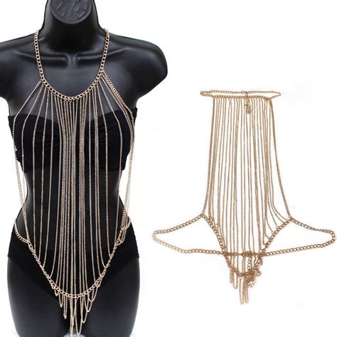 Sexy Women Body Full Metal Chain Gold Jewelry Necklace Bikini Belly