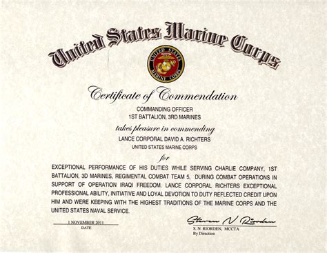 Usmc Certificate Of Commendation
