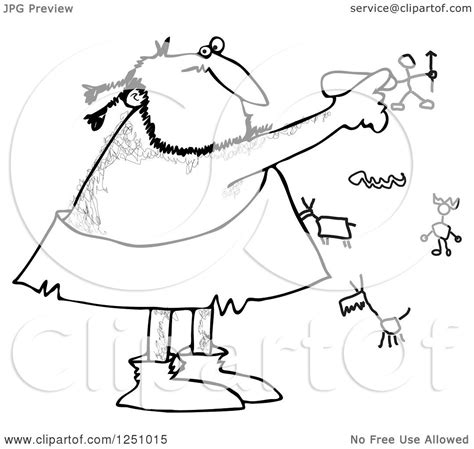 Clipart Of A Black And White Caveman Drawing On A Wall Royalty Free