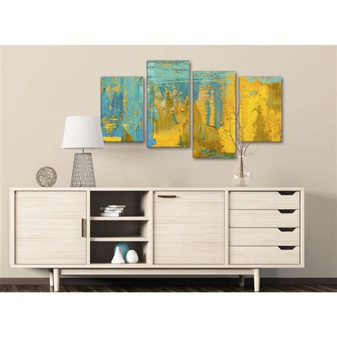 Large Mustard Yellow And Teal Turquoise Abstract Bedroom Canvas