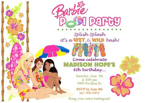 Barbie Birthday Invitation Barbie Pool Party Barbie Birthday Invitations Pool Birthday Party