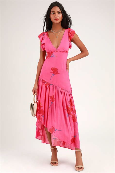 Shes A Waterfall Hot Pink Floral Print Ruffled Maxi Dress Hot Pink