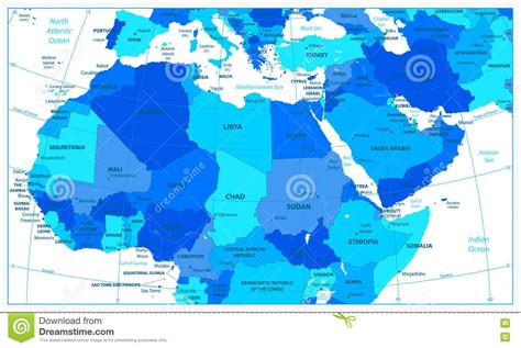 Detailed Map Of Northern Africa And The Middle East Stock Vector