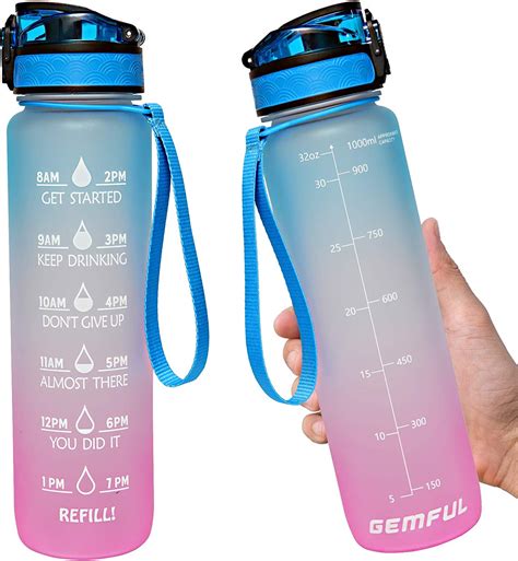 Gemful Water Bottle With Time Marking 1 Litre With Both Removable Straw