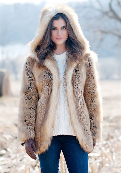 Gold Fox Hooded Faux Fur Jacket Fabulous Furs With Images Faux Fur Hooded Coat Faux Fur