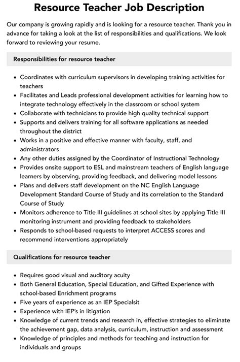 Resource Teacher Job Description Velvet Jobs