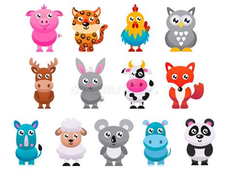 Collection Of Cute Cartoon Animals Vector Flat Illustration Stock