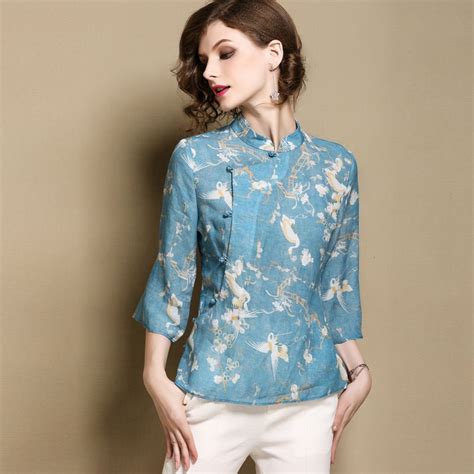 lovely cranes print ramie qipao cheongsam shirt chinese shirts and blouses women blouse batik