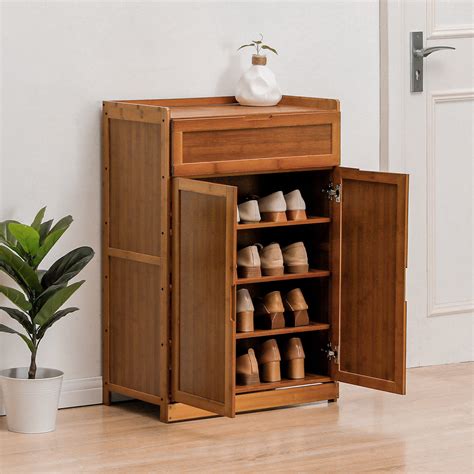 Monibloom 5 Tiers Bamboo Shoe Rack Cabinet With Door 8 Pairs Of Shoes