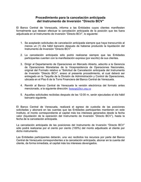 Procedimiento para la cancelación anticipada del Instrumento de