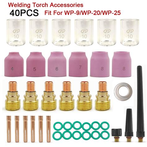 40Pcs Welding Torch Stubby Gas Lens 10 Glass Cup Kit For WP 9WP20 WP25