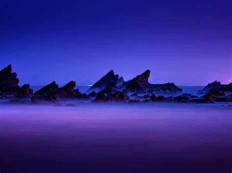 Desktop Wallpaper Purple Sky Sunset Rocks Coast Beach Seascape Hd