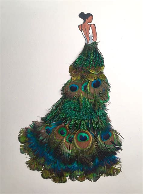 Drawing Of Girl With Real Peacock Feather Dress Fashion Art