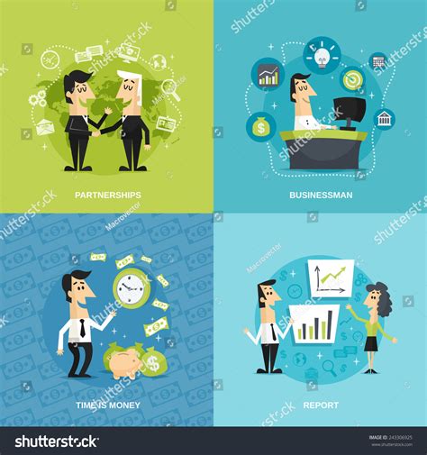 Office Workers Flat Set With Partnership Businessman Time Is Money