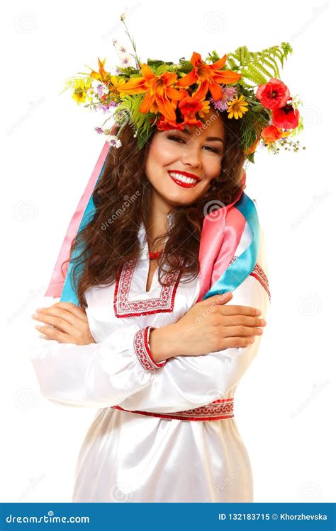 Beautiful Ukrainian Young Woman In Garland Of Summer Flowers And Stock