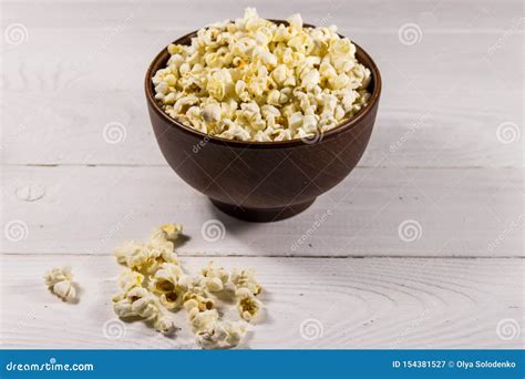 Bowl With Popcorn On Wooden Table Stock Image Image Of Crisp Dish