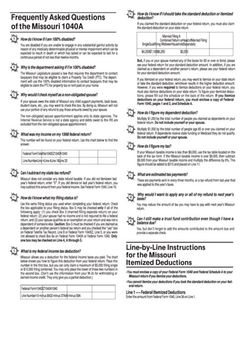 Form Mo 1040a Instructions Missouri Itemized Deductions Printable Pdf