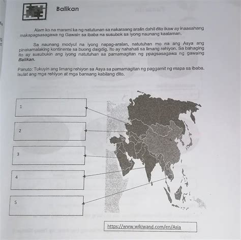 Tukuyin Ang Limang Rehiyon Sa Asya Sa Paggamit Ng Mapa Sa Ibaba Isulat