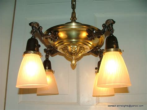 Antique Lighting Vintage Light Hanging Fixture Victorian Brass 4 Glass