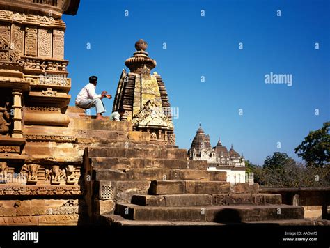 India Madhya Pradesh Khajuraho Man Sat On Steps Of The Vishvanatha