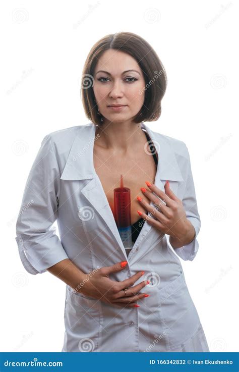 Sexually Doctor Woman On Isolated White Background Caucasian Woman Medic With Big Syringe With