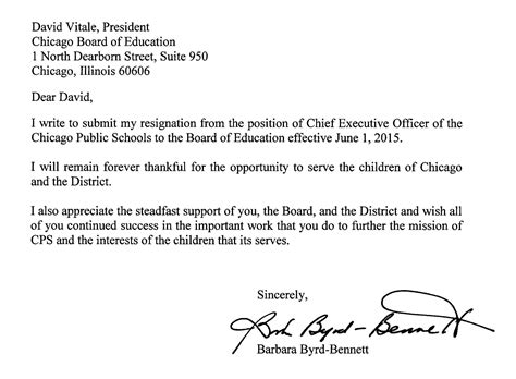 Resignation acceptance, and relieving letter. Resignation letter from CPS chief Barbara Byrd-Bennett ...