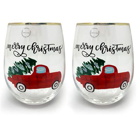 Christmas Stemless Wine Glasses Set Red Truck Gold Trim Stemless Wine Glass Wine Glass Set