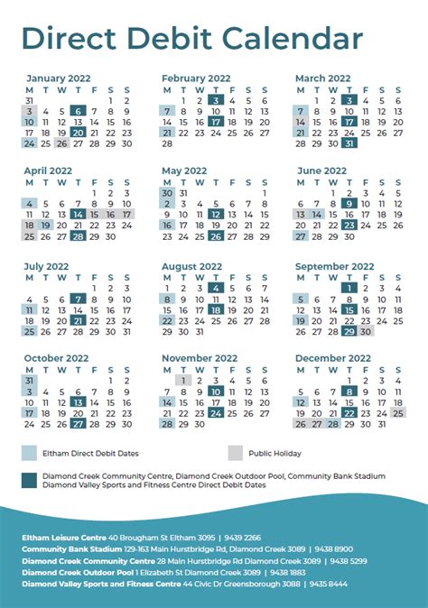 Debit Calendar 2022 Diamond Creek Pool
