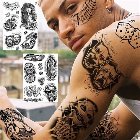 tasroi 6 sheets large chicano temporary tattoos for men women adult chicana guadalupe gangster