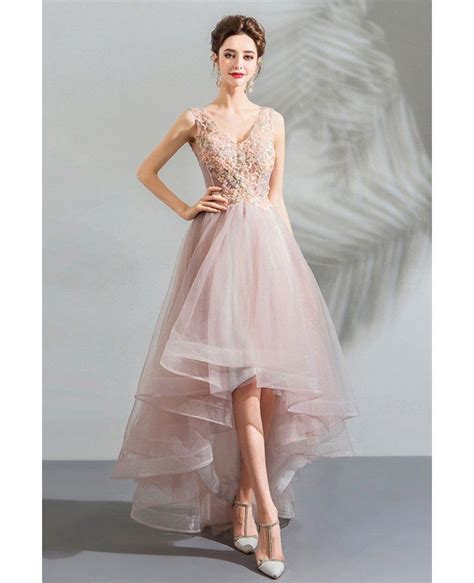 Poofy Pink Tulle V Neck Prom Party Dress High Low With Appliques Wholesale T69038