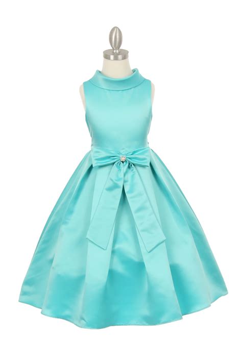 Cc1197aq Girls Dress Style 1197 Aqua Collared Satin Dress With