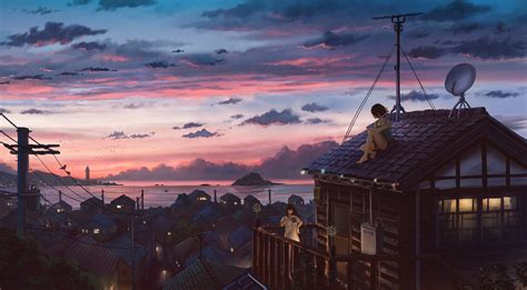Wallpaper Landscape Anime Girls Sunset Lights