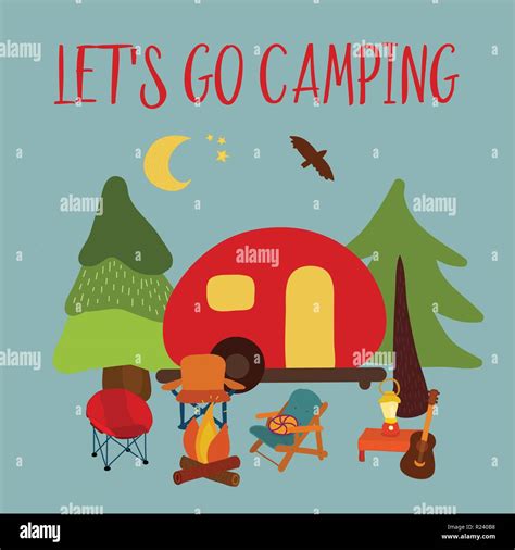 Travel Vector Illustration Lets Go Camping Summer Camping Scene Red