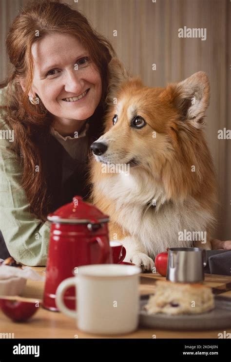 Girl And Corgi Dog Posing In The Kitchen Stock Photo Alamy