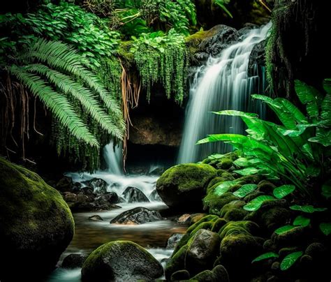 Premium Photo Tropical Waterfall With Tree Roots Rocks And Green Moss