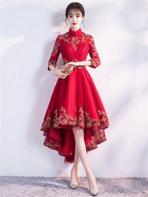 Chinese Cheongsam Dress Red Dip Hem Qipao Cheongsam Evening Dress