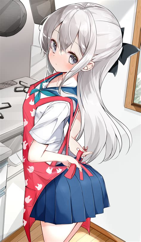 Safebooru 1girl Absurdres Apron Arms Behind Back Blue Skirt Bow From Behind Grey Eyes Hair Bow