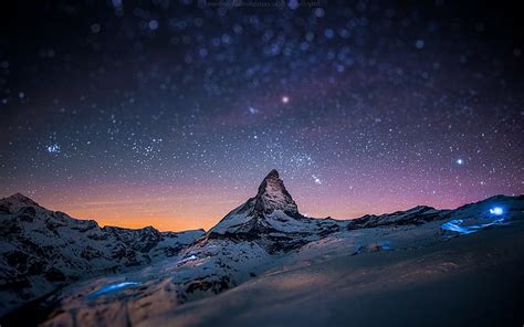 Snow Landscape Mountain Night Stars Tilt Shift Matterhorn Switzerland