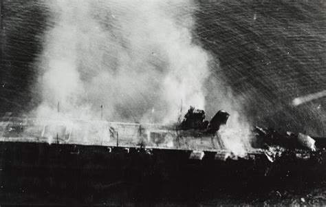 Japanese Aircraft Carrier Hiryu Burning Shortly After Sunrise On 5