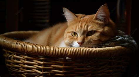 An Orange Cat Laying In A Wicker Basket Background Cat In A Basket Hd