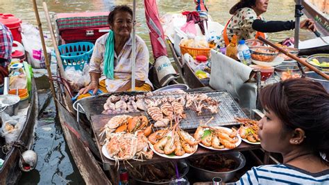 Thai Food At Amphawa Floating Market Thailand Seafood Feast Cooked On