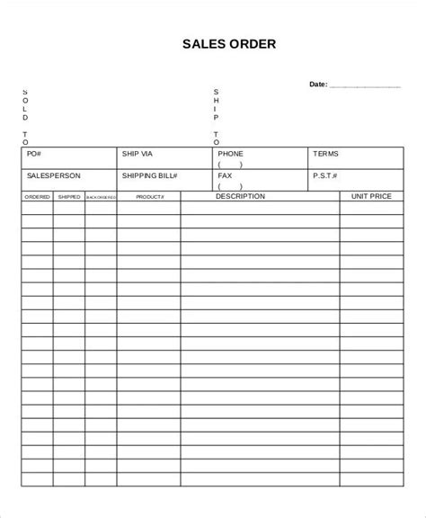Sales Order Forms Free Printable