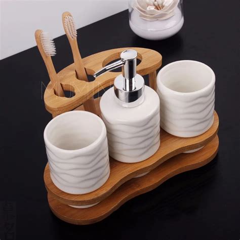 China Bamboo Ceramics Bathroom Accessories Set Soap Dispenser