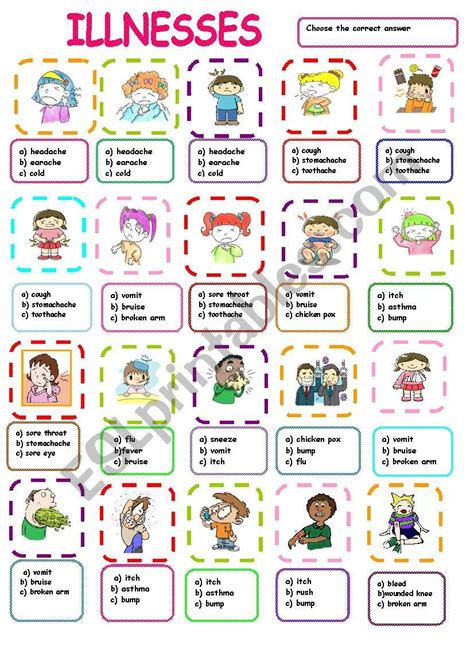 , spelling, grammar and practice english conversation, talking about simple health problems. ILLNESSES MULTIPLE CHOICE ACTIVITY | Kids english, English phonics, Eal resources
