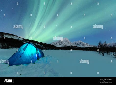 Camping With Tent During Night With The Northern Lights Svensby Hi Res