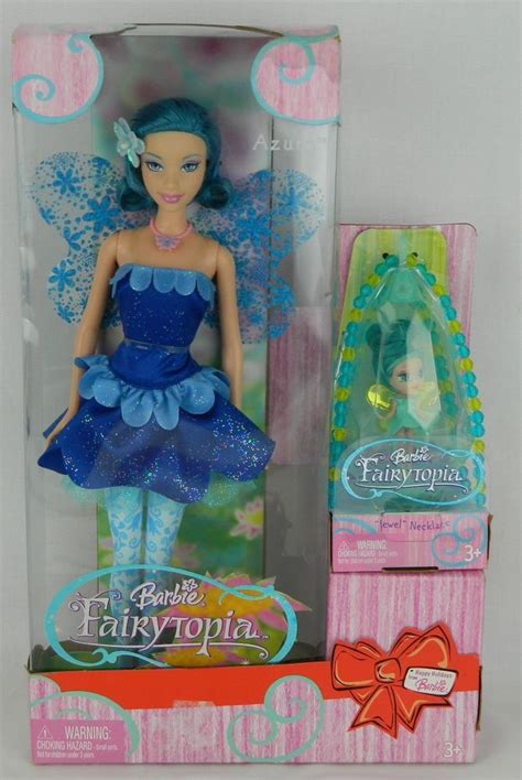 Rare Barbie Fairytopia Azura And Mini Jewel Necklace Doll Teal Blue 2005