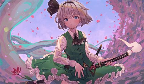 Blue Eyes Flowers Gray Hair Headband Katana Konpaku Youmu Maachi