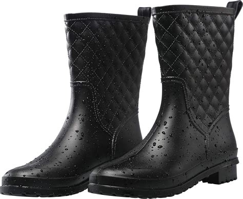 Petrass Women Rain Boots Black Waterproof Mid Calf