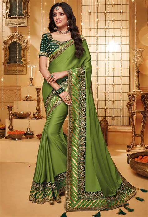 Shop Green Silk Designer Partywear Saree Freeshipping All Over The World Item Code Srejad14