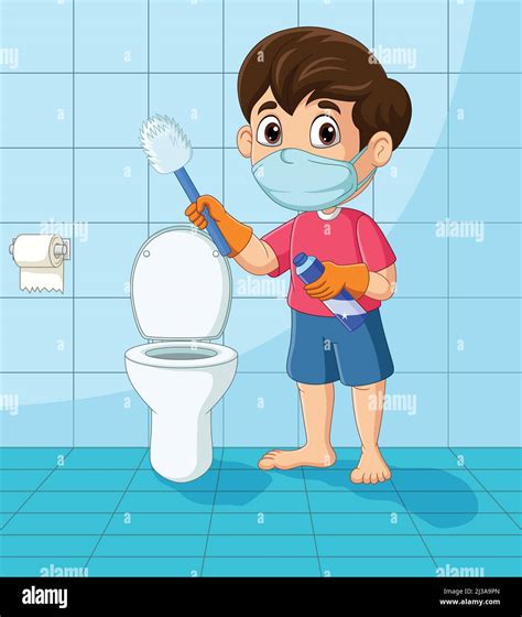 Un Niño Pequeño De Dibujos Animados Limpiando El Baño Imagen Vector De